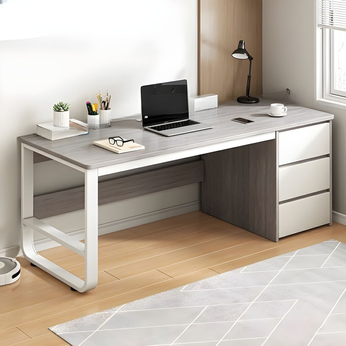 Kensington Modern Computer Desk with Storage Drawers Office Table (Grey)