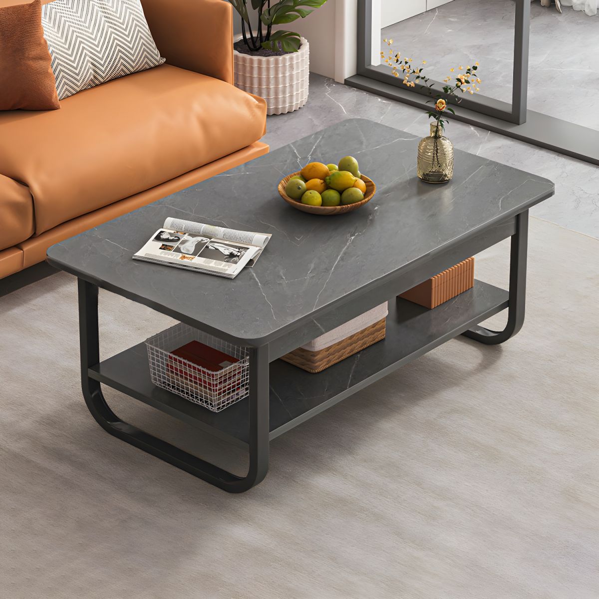 Nordic Coffee Table Lounge Office Contemporary Marble Grey Metal Sled Base Single Coffee Table