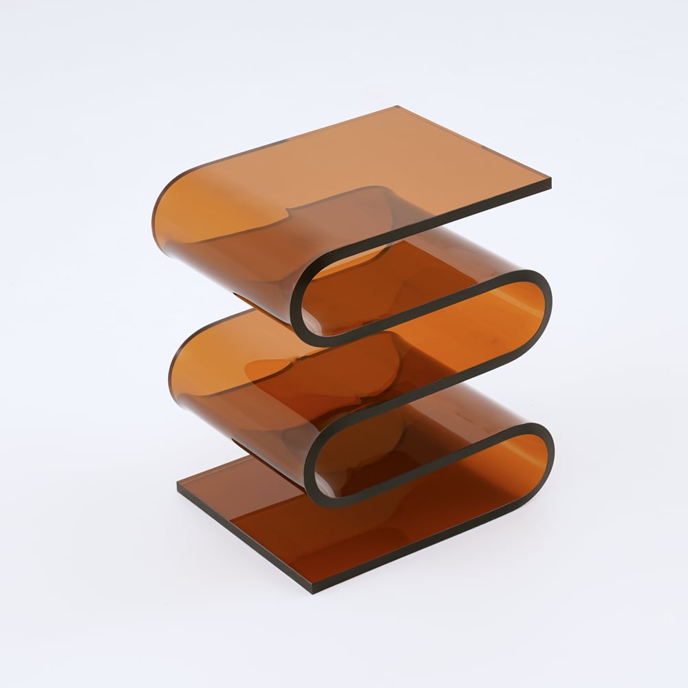 Acrylic End Table Tea Brown with Storage Wavy Curved Shape Side Table Minimalist