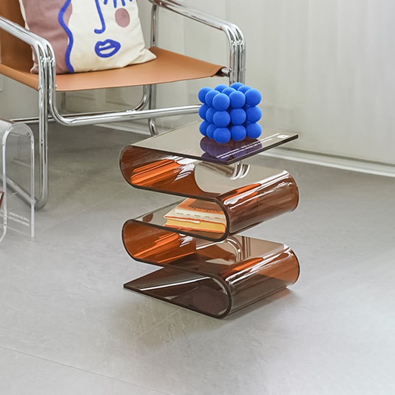 Acrylic End Table Tea Brown with Storage Wavy Curved Shape Side Table Minimalist