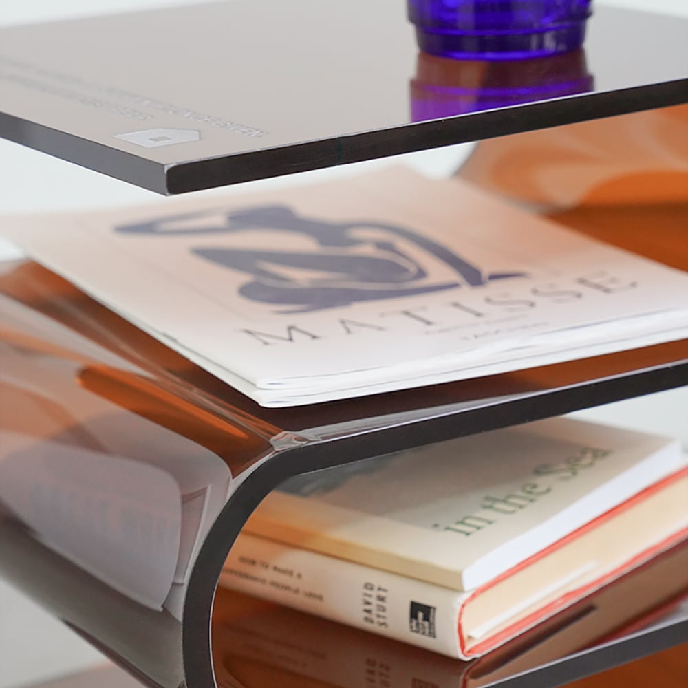 Acrylic End Table Tea Brown with Storage Wavy Curved Shape Side Table Minimalist