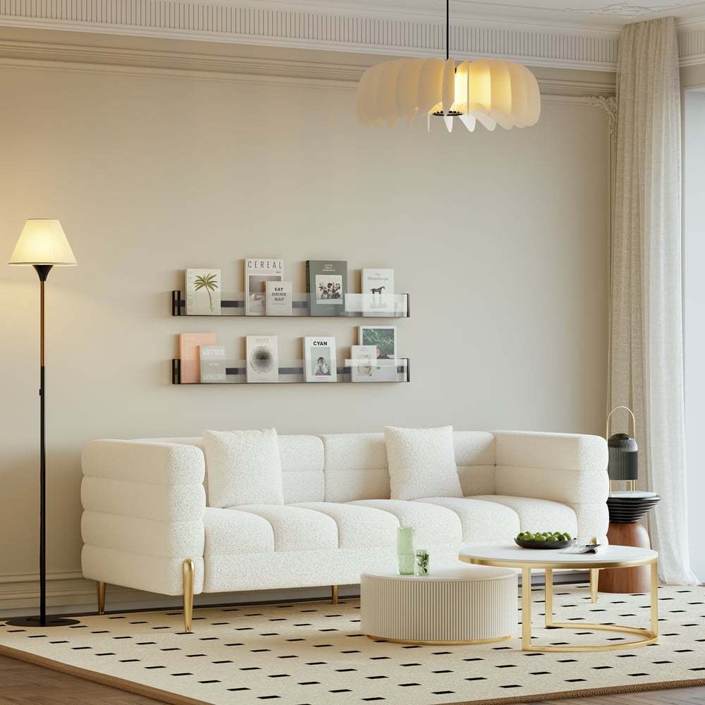 Amora Boucle Modern Fluted 3-seater 2000mm White Sofa with Gold Legs & Pillows