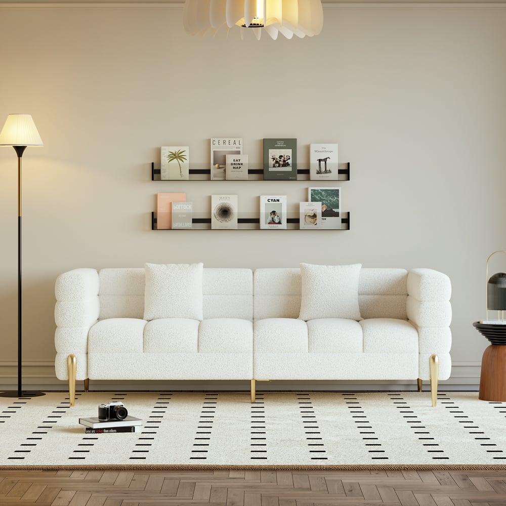 Amora Boucle Modern Fluted 3-seater 2000mm White Sofa with Gold Legs & Pillows