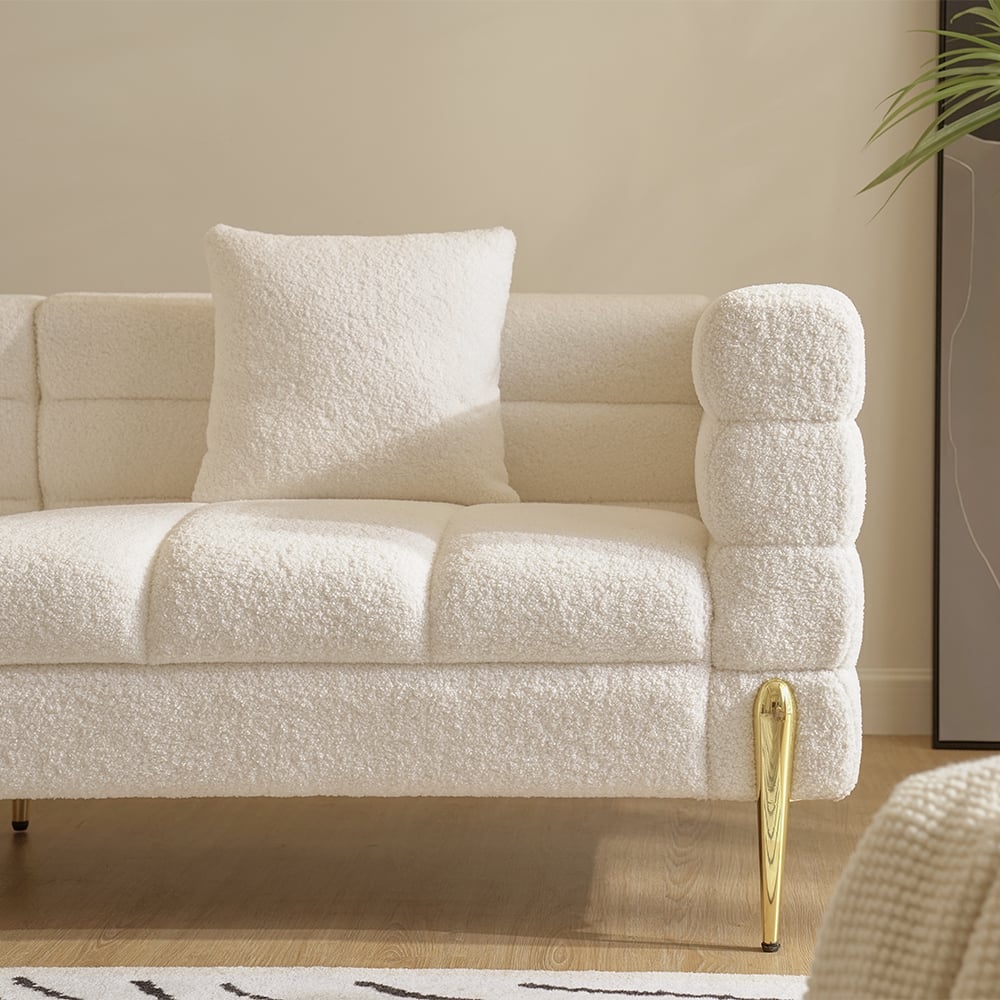 Amora Boucle Modern Fluted 3-seater 2000mm White Sofa with Gold Legs & Pillows