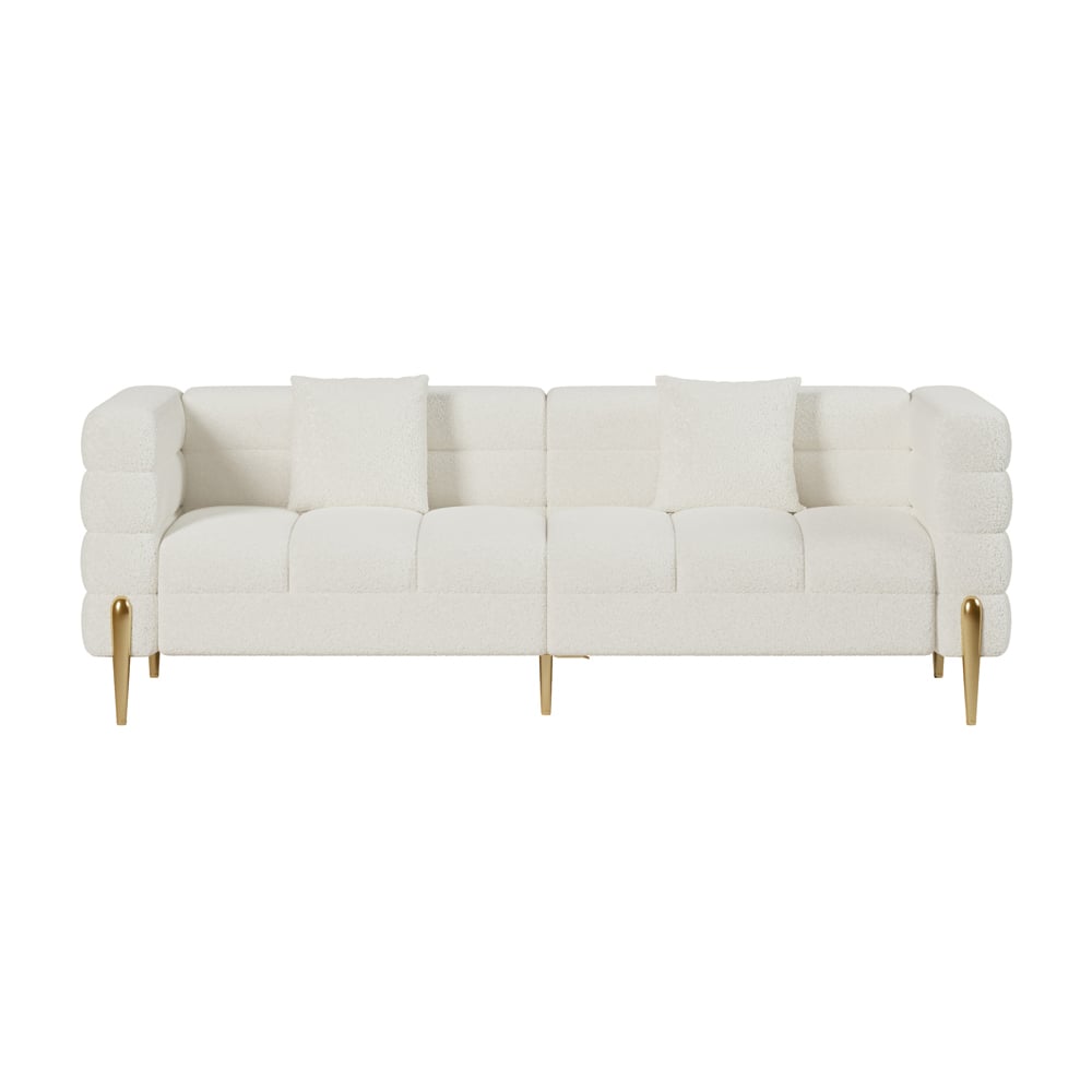 Amora Boucle Modern Fluted 3-seater 2000mm White Sofa with Gold Legs & Pillows