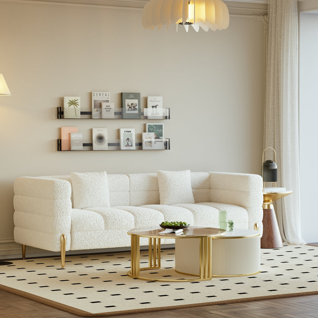 Amora Boucle Modern Fluted 3-seater 2000mm White Sofa with Gold Legs & Pillows