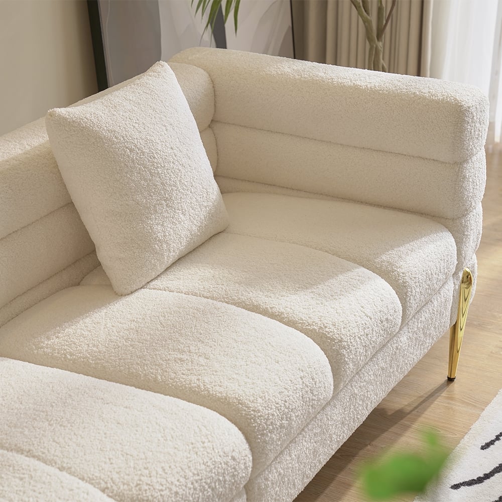 Amora Boucle Modern Fluted 3-seater 2000mm White Sofa with Gold Legs & Pillows