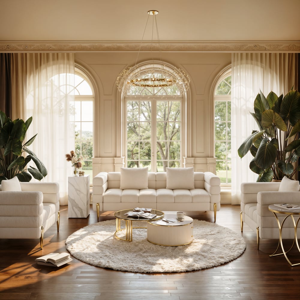 Amora Boucle Modern Fluted 3-seater 2000mm White Sofa with Gold Legs & Pillows