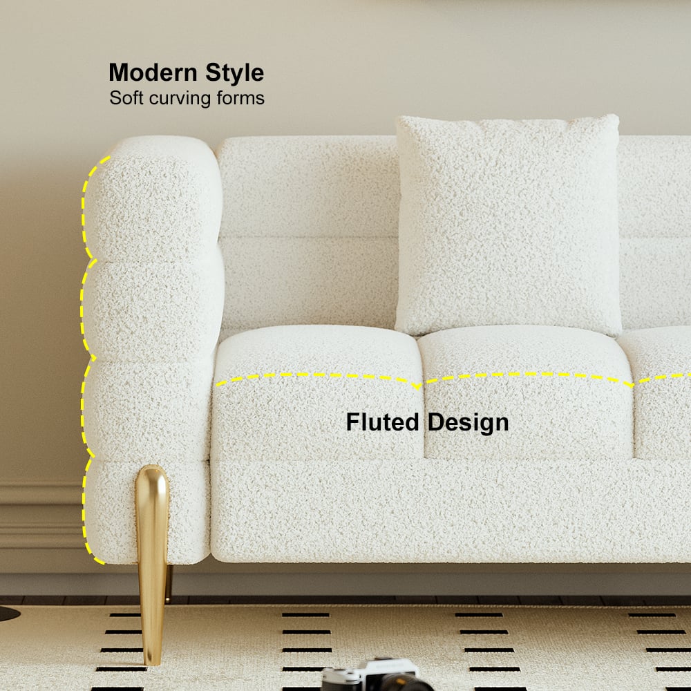Amora Boucle Modern Fluted 3-seater 2000mm White Sofa with Gold Legs & Pillows
