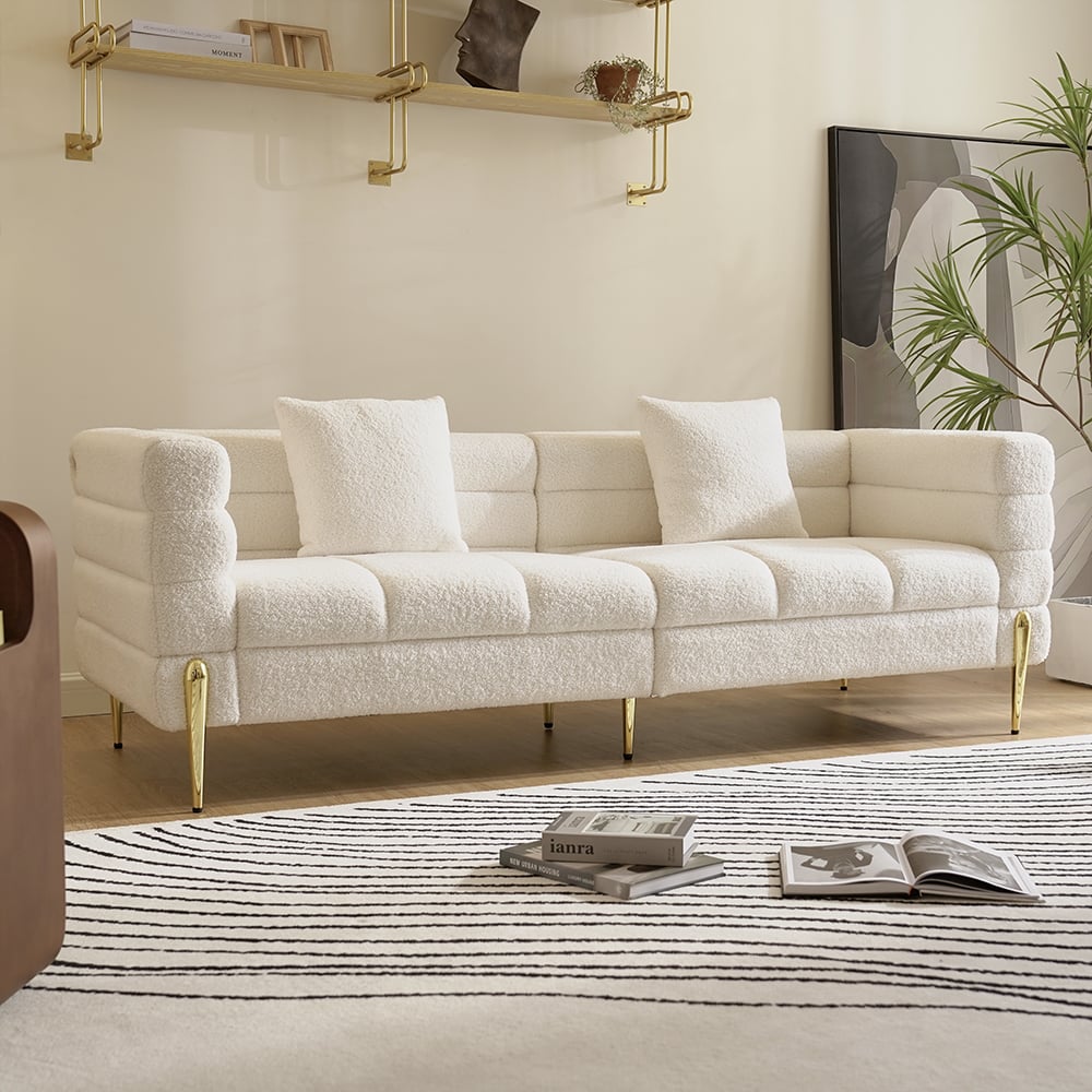 Amora Boucle Modern Fluted 3-seater 2000mm White Sofa with Gold Legs & Pillows