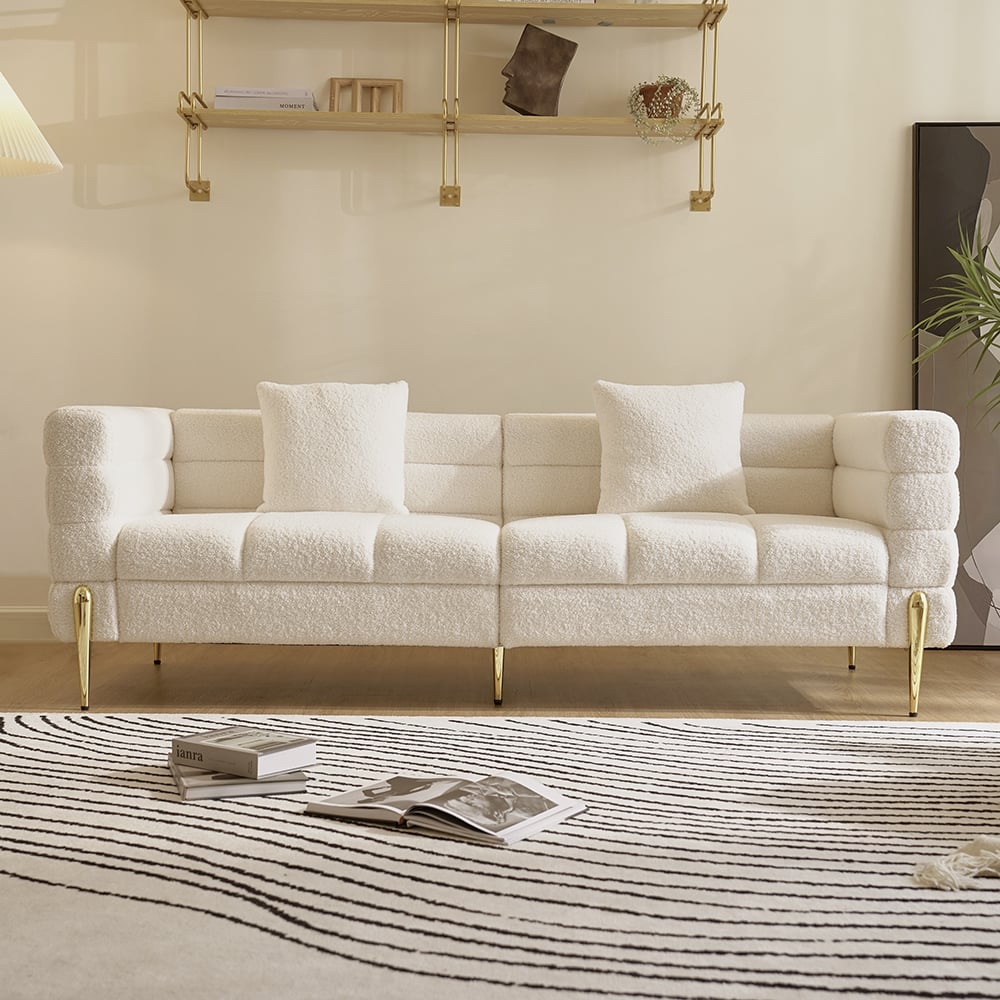 Amora Boucle Modern Fluted 3-seater 2000mm White Sofa with Gold Legs & Pillows