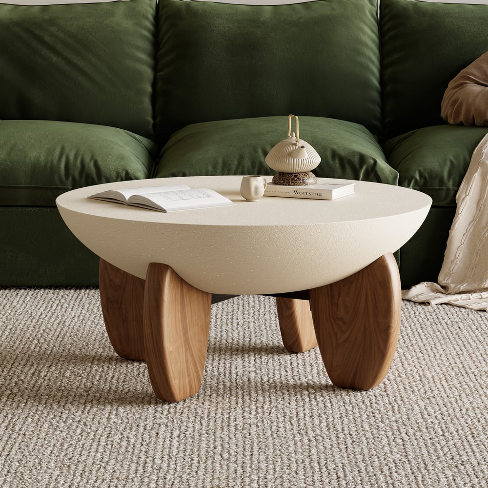 Beige Modern Curva Round Concrete Walnut Coffee Table with Ash Wood Legs