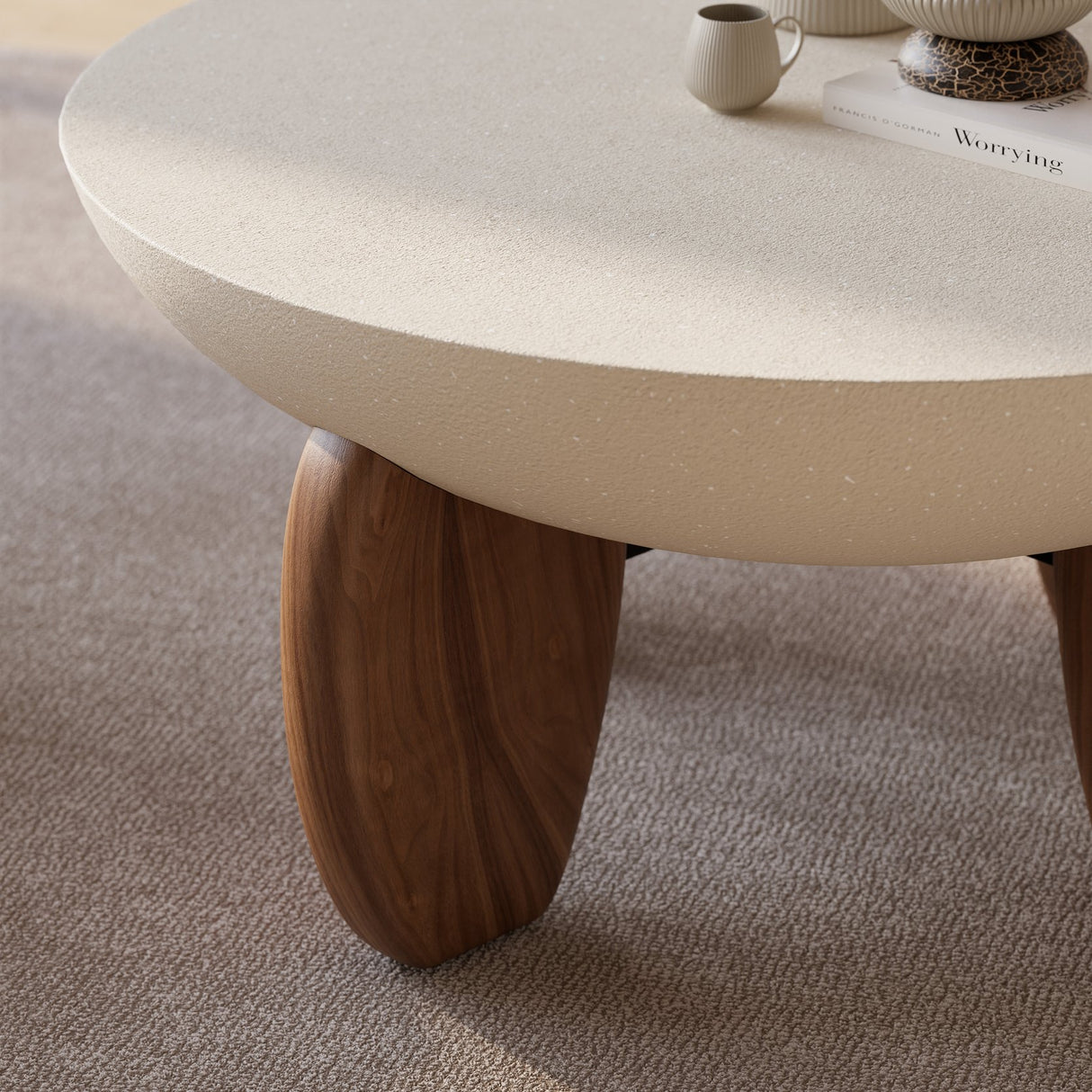 Beige Modern Curva Round Concrete Walnut Coffee Table with Ash Wood Legs