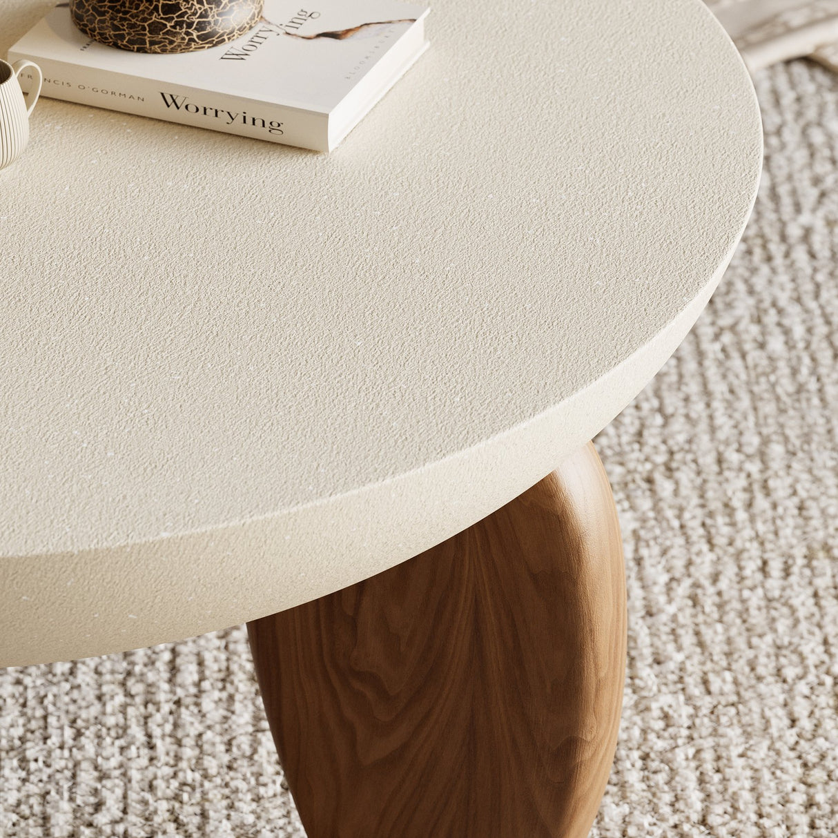 Beige Modern Curva Round Concrete Walnut Coffee Table with Ash Wood Legs