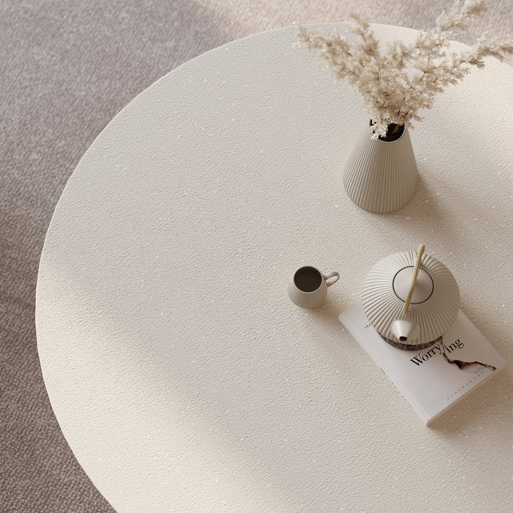 Beige Modern Curva Round Concrete Walnut Coffee Table with Ash Wood Legs