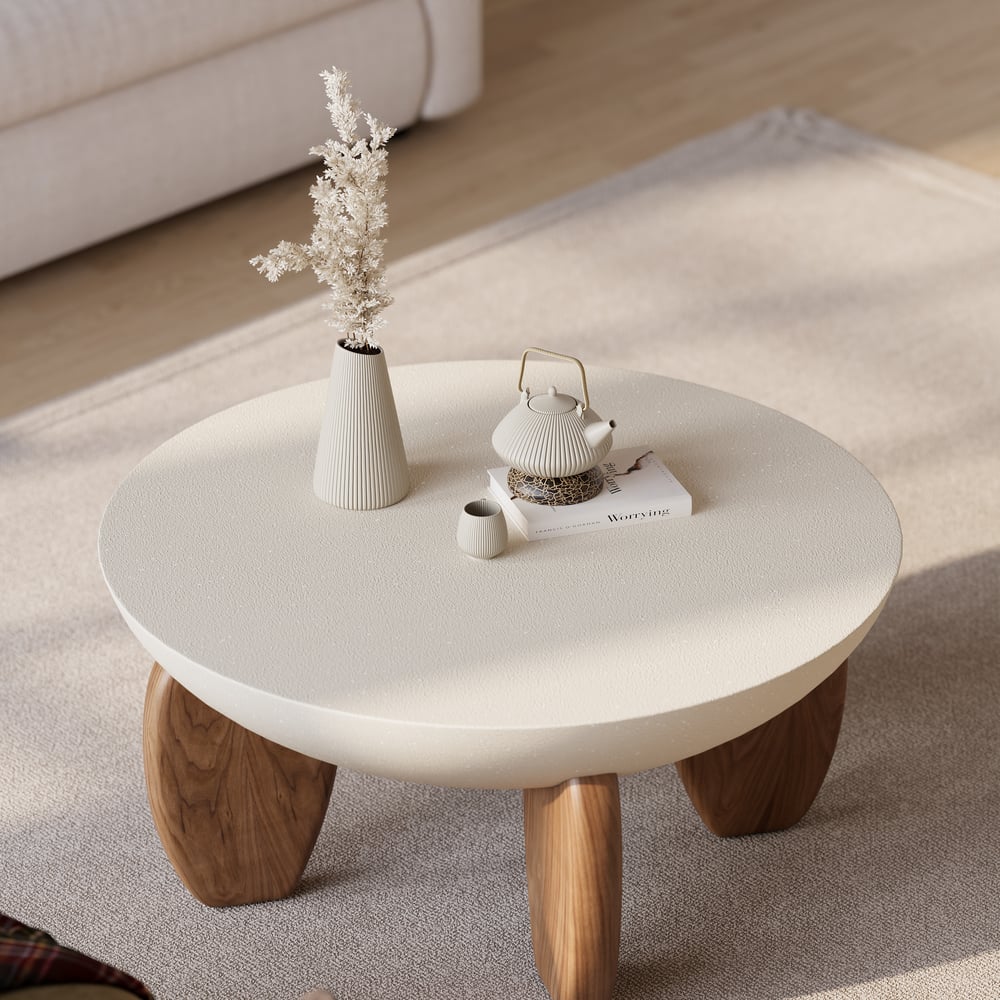 Beige Modern Curva Round Concrete Walnut Coffee Table with Ash Wood Legs