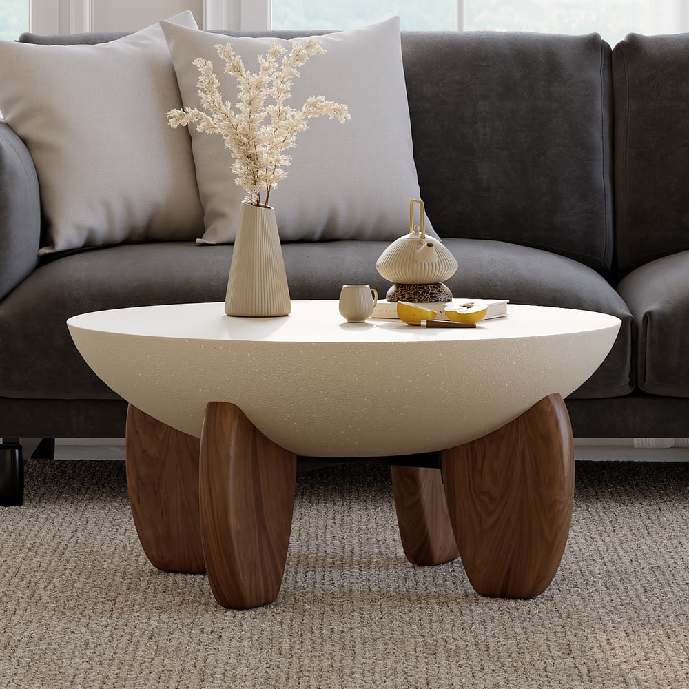 Beige Modern Curva Round Concrete Walnut Coffee Table with Ash Wood Legs