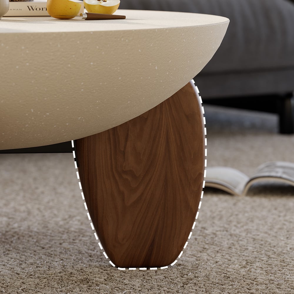 Beige Modern Curva Round Concrete Walnut Coffee Table with Ash Wood Legs