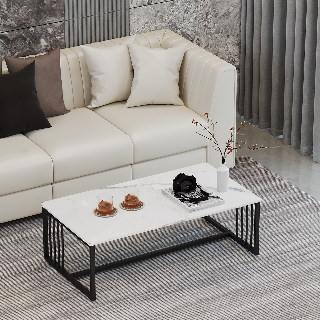 Lumi Deluxe Marble Coffee Table Modern White Display Shelf Rectangular Frame