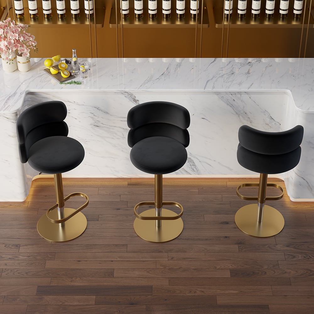 Modern Bar Stool Velvet Adjustable Height Swivel Full Back Counter Seat Black