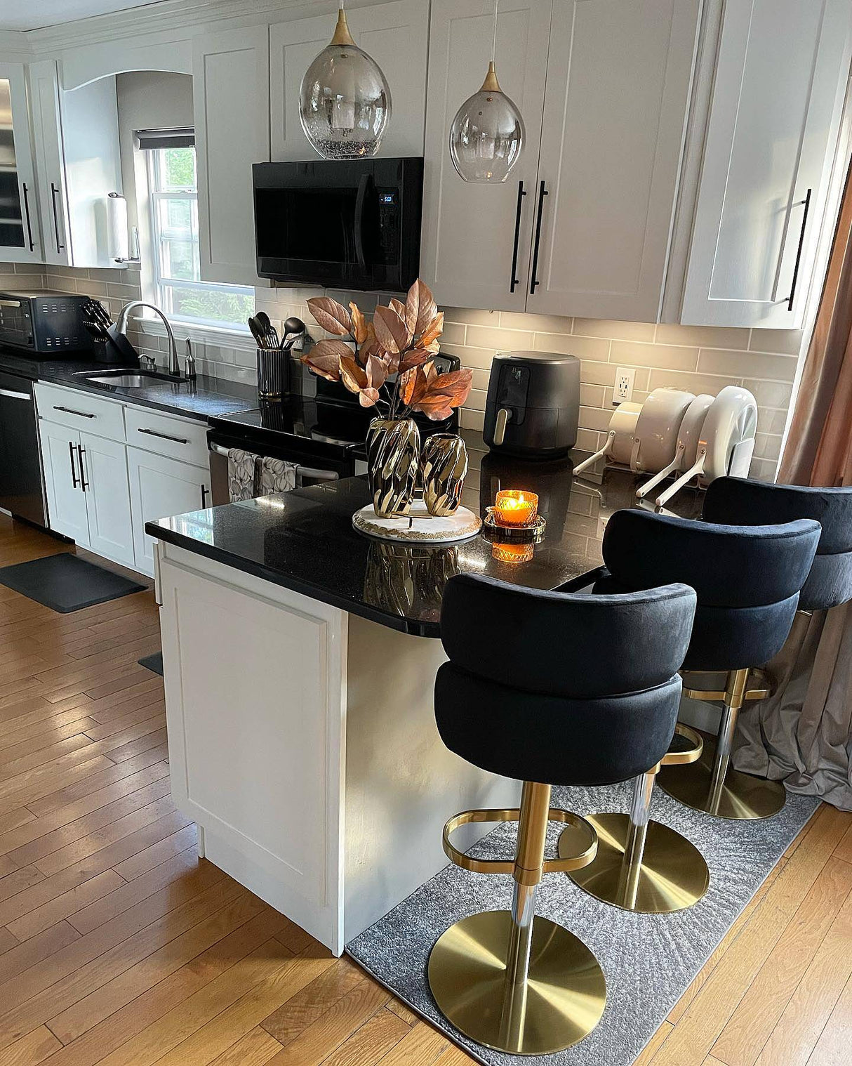 Modern Bar Stool Velvet Adjustable Height Swivel Full Back Counter Seat Black