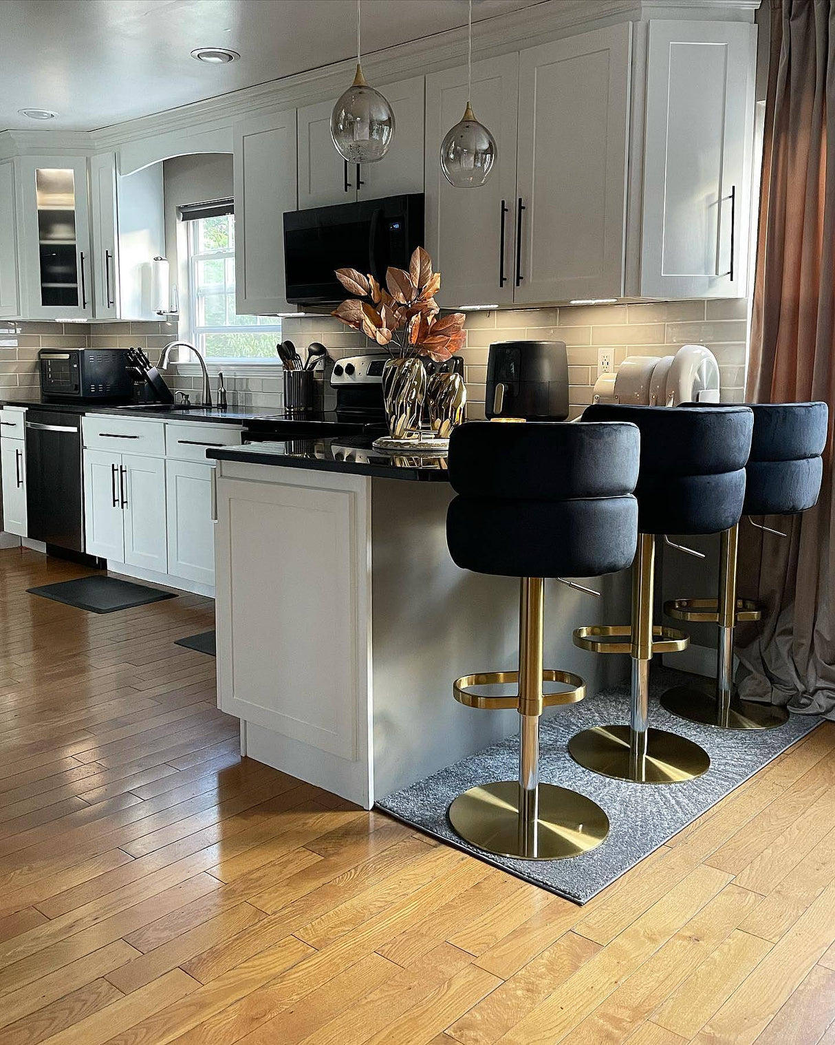 Modern Bar Stool Velvet Adjustable Height Swivel Full Back Counter Seat Black