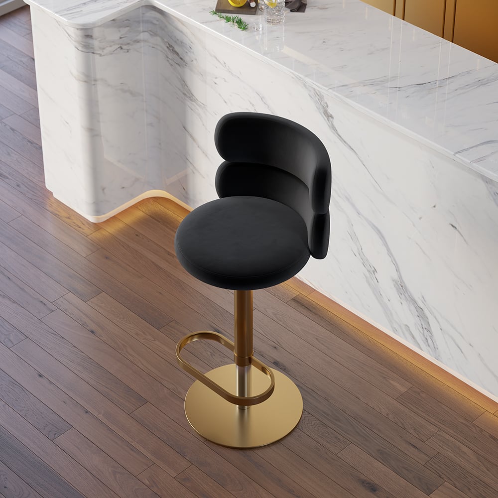 Modern Bar Stool Velvet Adjustable Height Swivel Full Back Counter Seat Black
