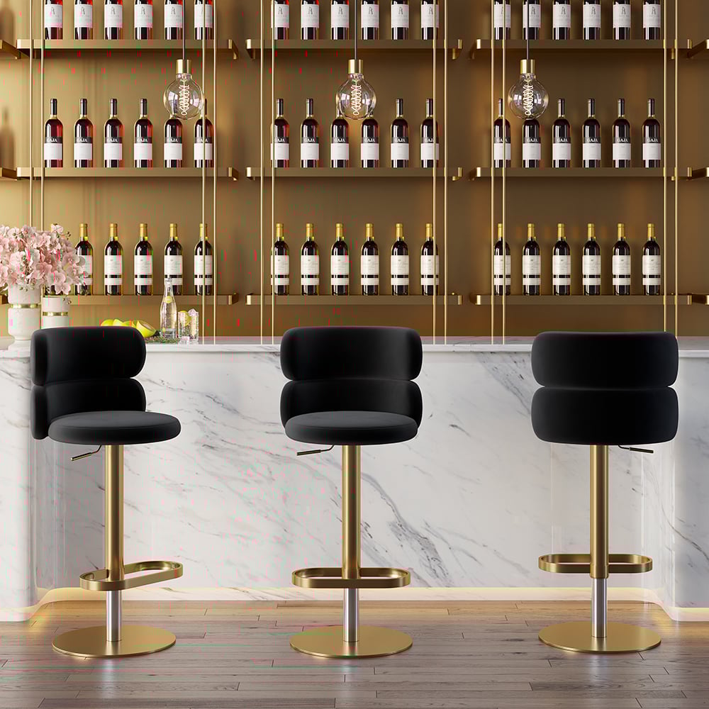 Modern Bar Stool Velvet Adjustable Height Swivel Full Back Counter Seat Black