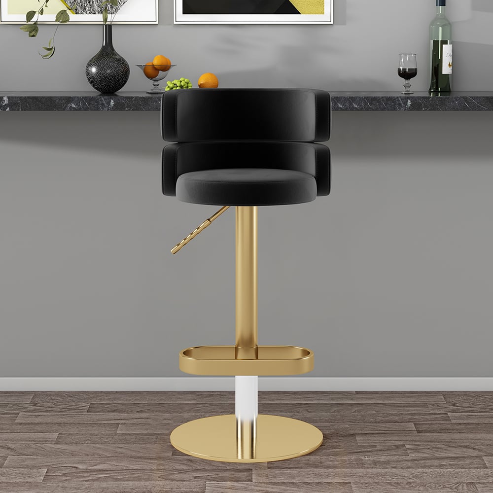 Modern Bar Stool Velvet Adjustable Height Swivel Full Back Counter Seat Black