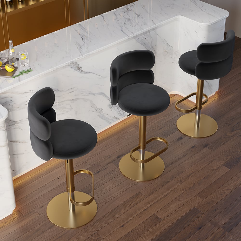 Modern Bar Stool Velvet Adjustable Height Swivel Full Back Counter Seat Black