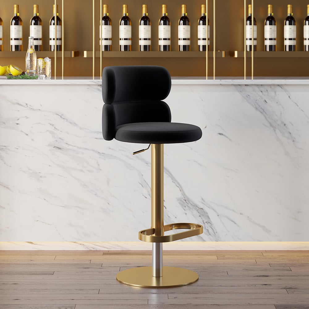Modern Bar Stool Velvet Adjustable Height Swivel Full Back Counter Seat Black