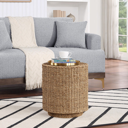 Summer Seagrass Bohemian Coastal Style Round Side End Table Steel Frame