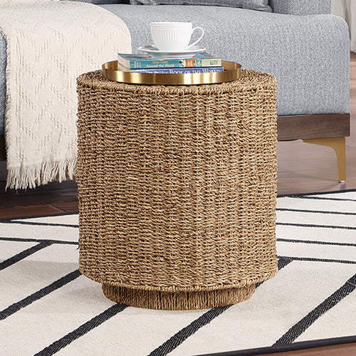 Summer Seagrass Bohemian Coastal Style Round Side End Table Steel Frame