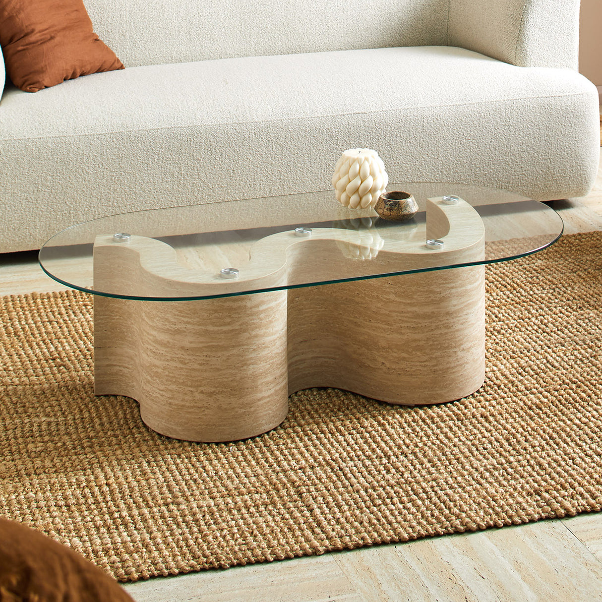 Louie Travertine Look Coffee Table Tempered Glass Table 120cm
