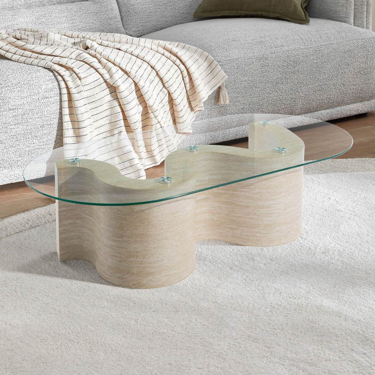 Louie Travertine Look Coffee Table Tempered Glass Table 120cm