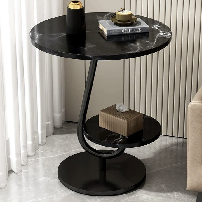 Ovo Side Table Marble 2 Shelf Curved Bedside Sofa Table Round (Black)