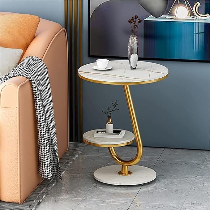 Ovo Side Table Marble 2 Shelf Curved Bedside Sofa Table Round (White & Gold)
