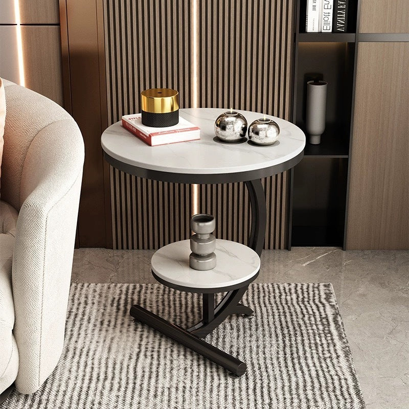 Luna Side Table Marble 2 Shelf Bedside Sofa Table Round (White)