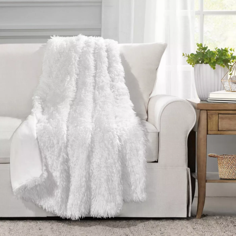 Lucia Sherpa Fur Blanket Luxury Fluffy 120cm Couch Pure White Sofa Throw