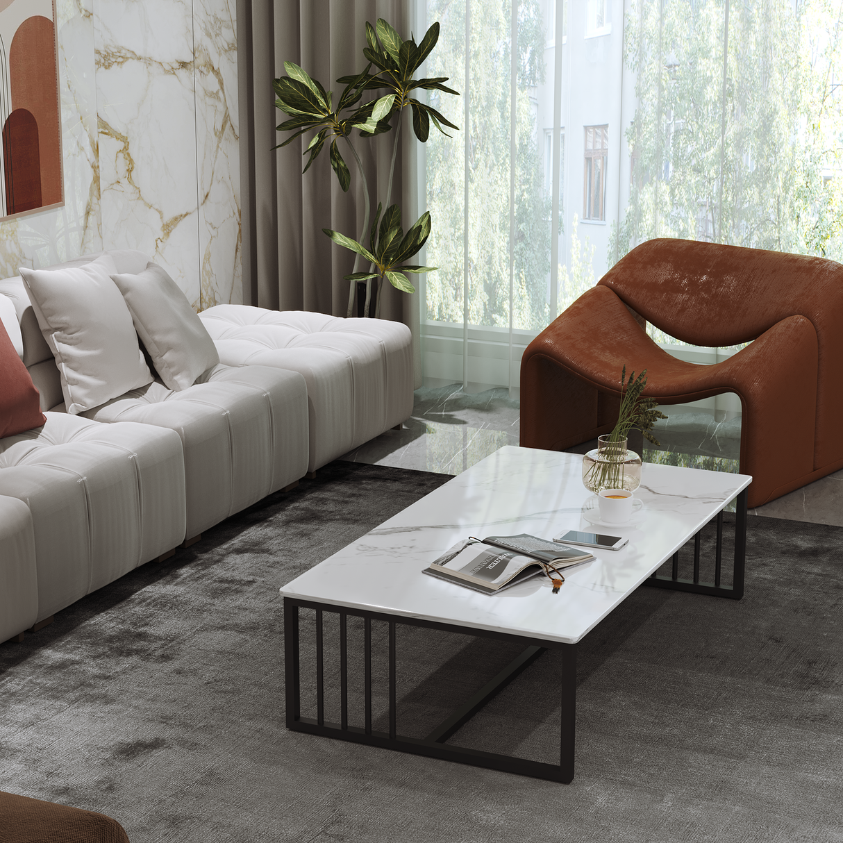 Lumi Deluxe Marble Coffee Table Modern White Display Shelf Rectangular Frame