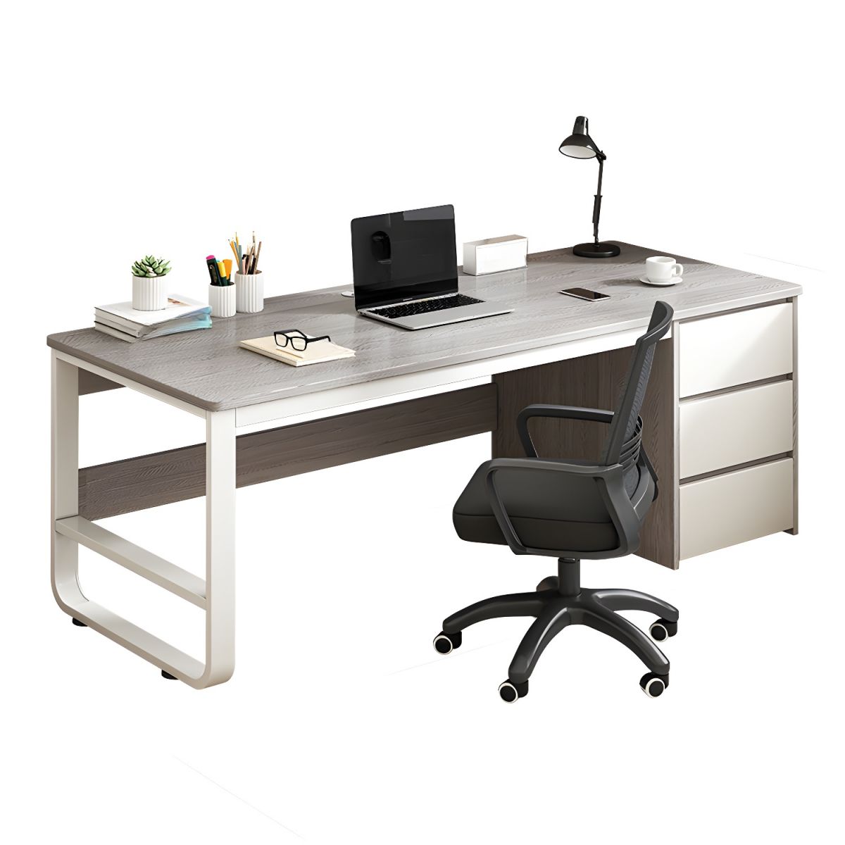 Kensington Modern Computer Desk with Storage Drawers Office Table (Grey)