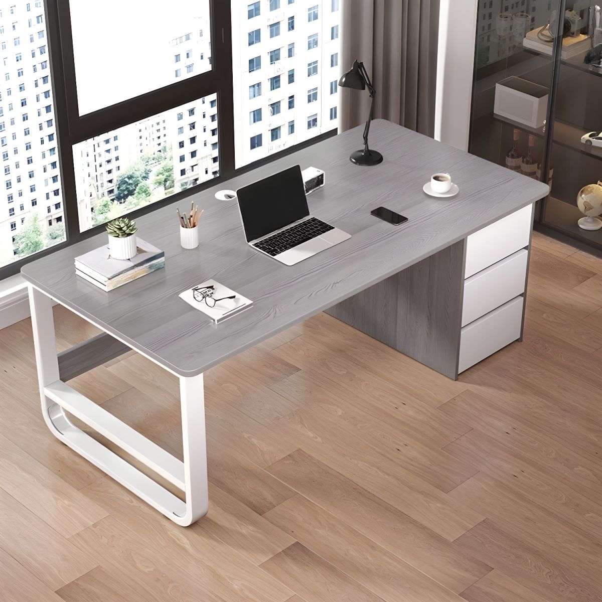 Kensington Modern Computer Desk with Storage Drawers Office Table (Grey)