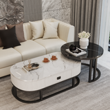 Monaco Marble Coffee Table Set Gloss Finish With Storage Drawer (White & Black)