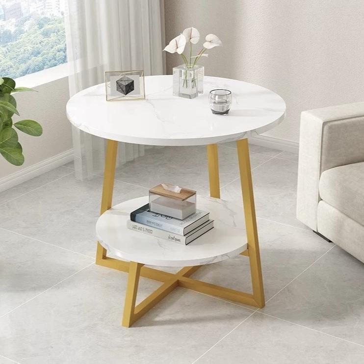 Eclipse Side Table Marble 2 Shelf Bedside Sofa Table Round (White & Gold)