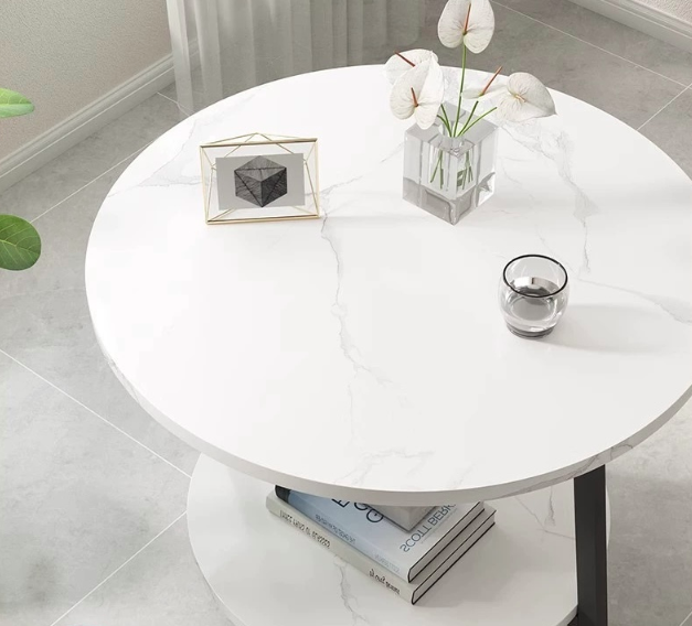 Eclipse Side Table Marble 2 Shelf Bedside Sofa Table Round (White)