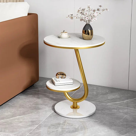 Ovo Side Table Marble 2 Shelf Curved Bedside Sofa Table Round (White & Gold)