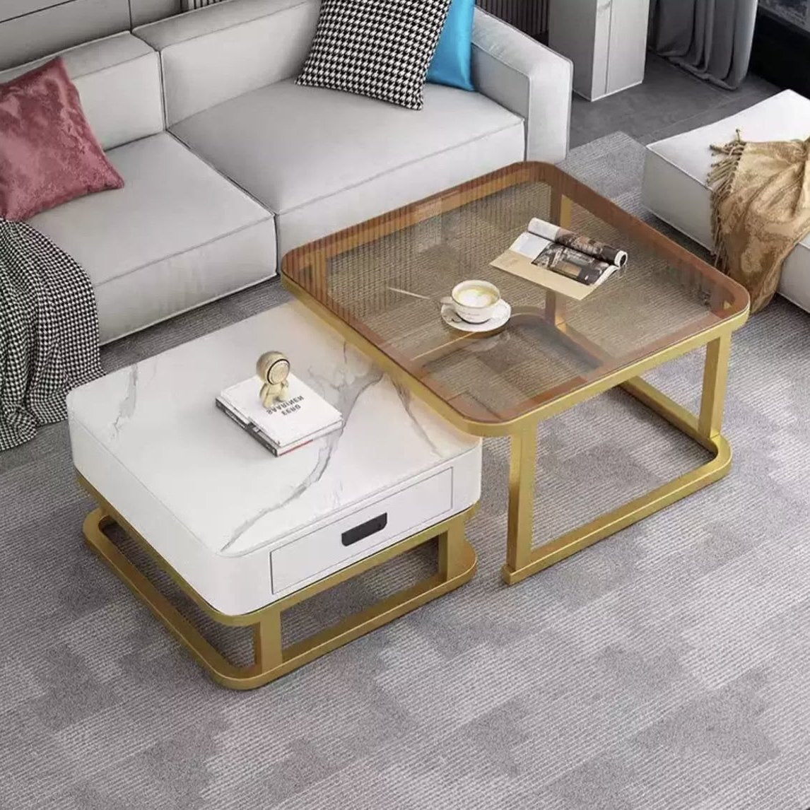 Bellagio Marble Coffee Table Square Glass With Storage Drawer (White & Gold)