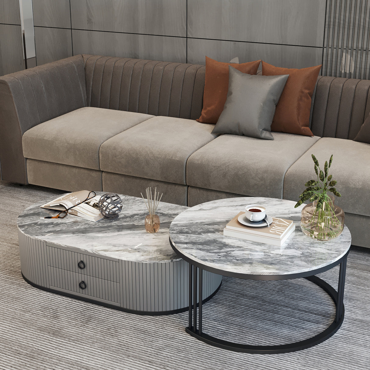 Celeste Marble Coffee Table Set Gloss Finish With Storage Drawers (Grey)