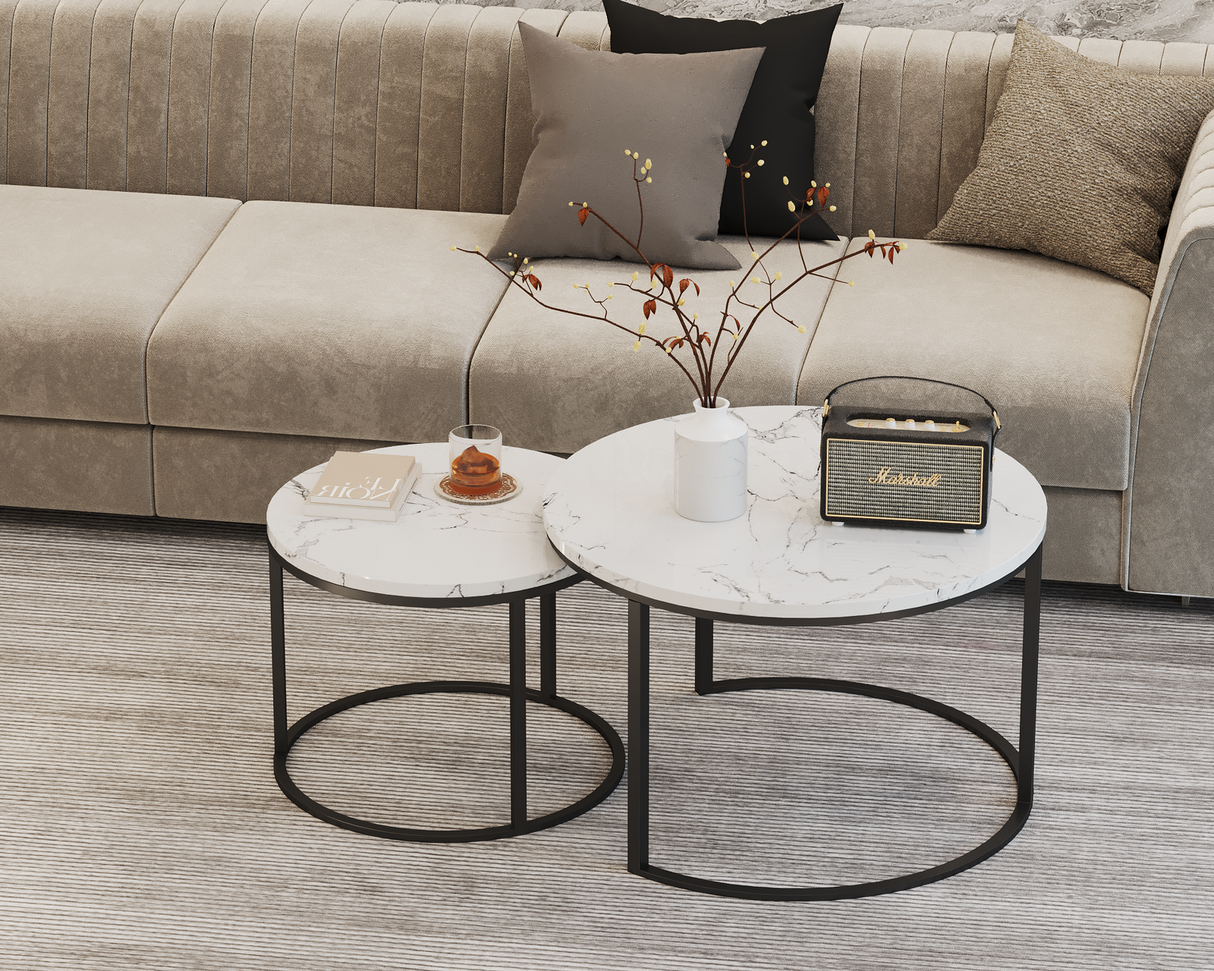 Vespera Nesting Coffee Table Marble Round Stackable Set (White)