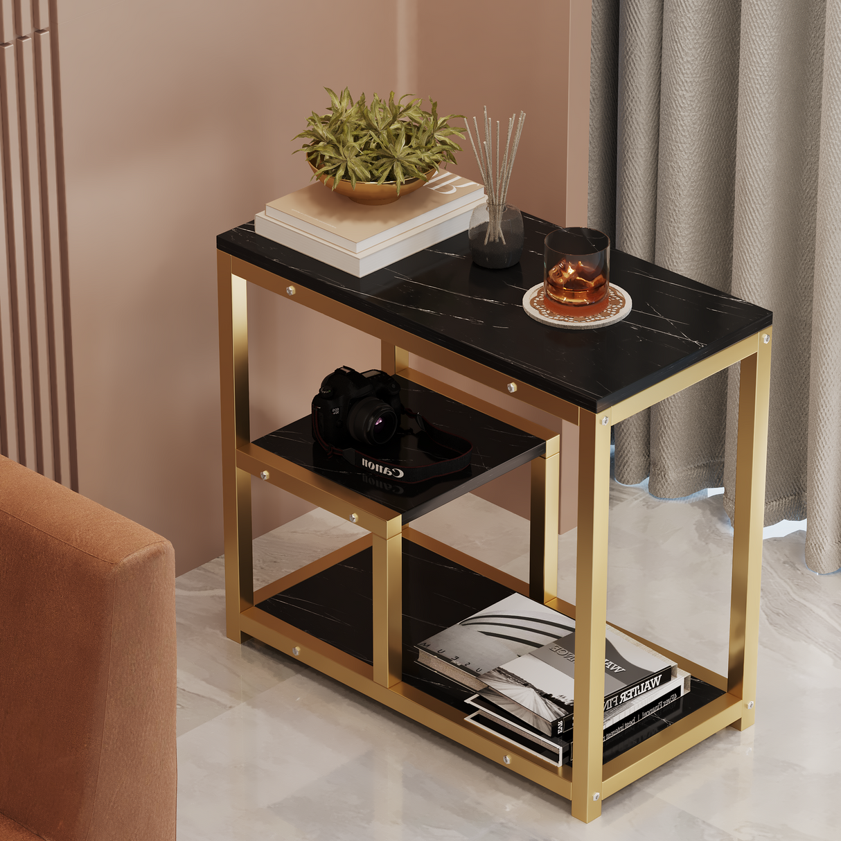 Briar Side Table Marble 3 Shelf Bedside Sofa Table Plant Stand (Black Gold)